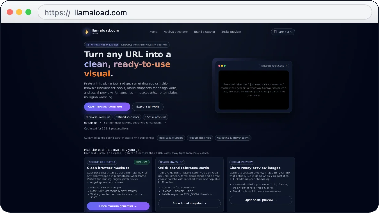 Screenshot of Llamaload Website solutions